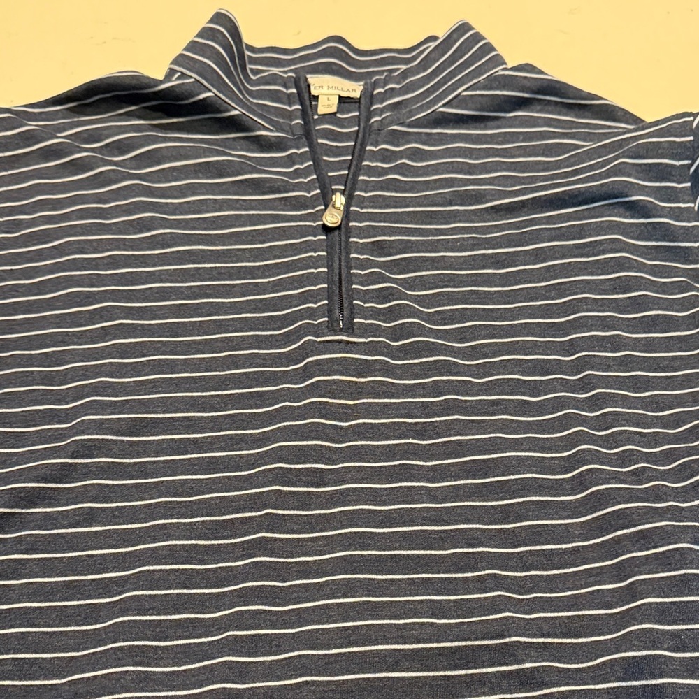 Peter Millar Navy and White Striped Zip-Up Shirt